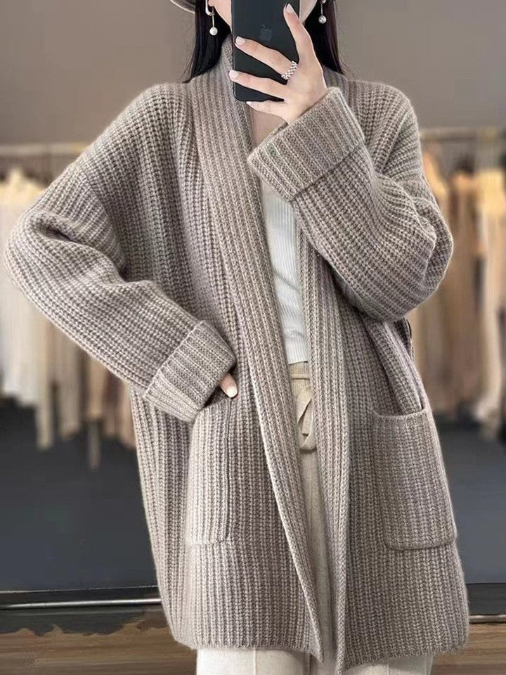 Dame Oversize Strikket Cardigan Løst Snit Lommer