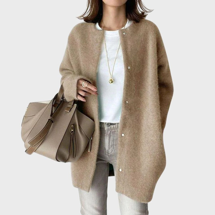 Dame Oversized Cashmere Cardigan med Trykknapper - Khaki