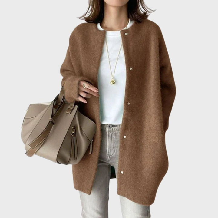 Dame Oversized Cashmere Cardigan med Trykknapper - Brun