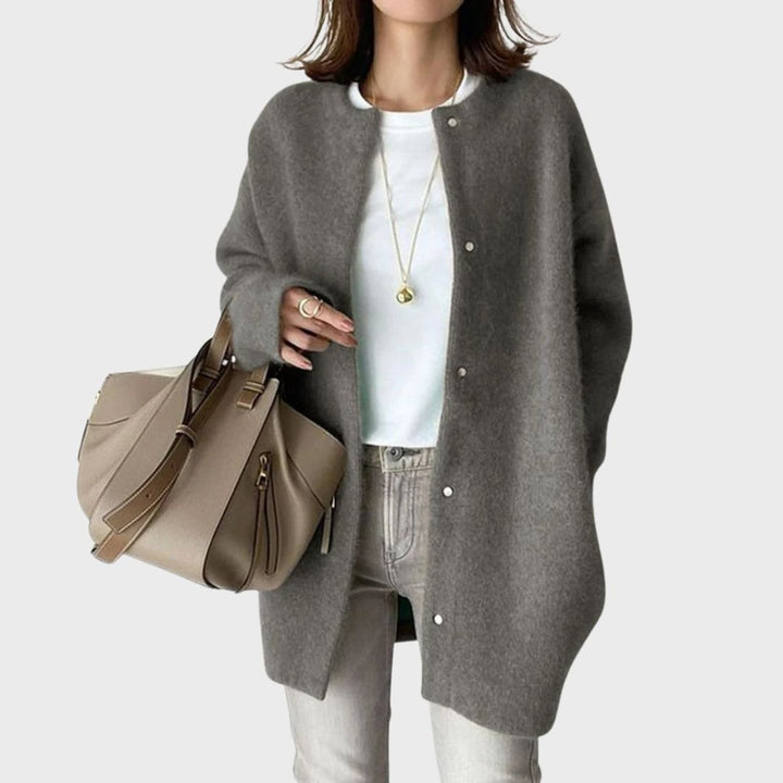 Dame Oversized Cashmere Cardigan med Trykknapper - Grå
