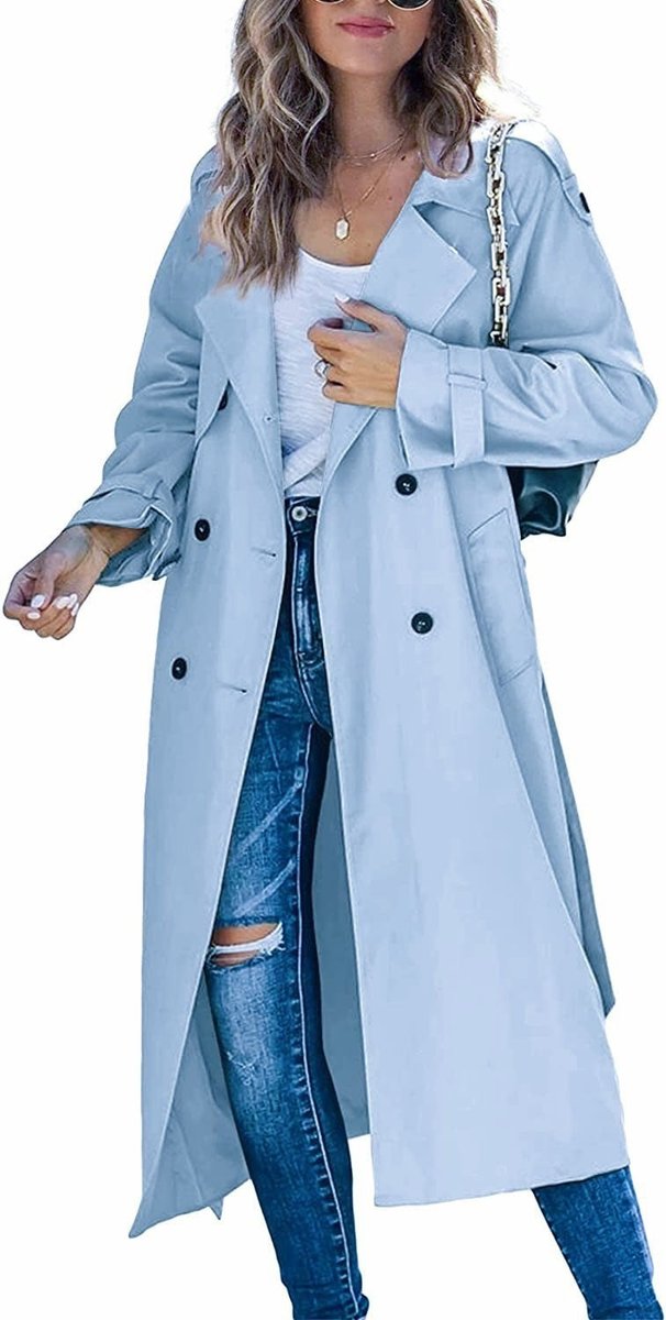 Dame Oversized Dobbeltknappet Trench Coat Bæltet Talje - Himmelblå