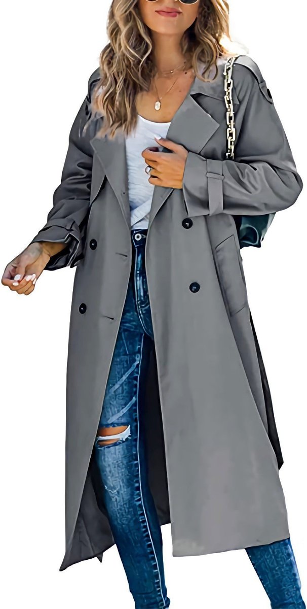 Dame Oversized Dobbeltknappet Trench Coat Bæltet Talje - Grå