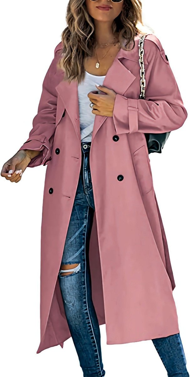Dame Oversized Dobbeltknappet Trench Coat Bæltet Talje - Lyserød
