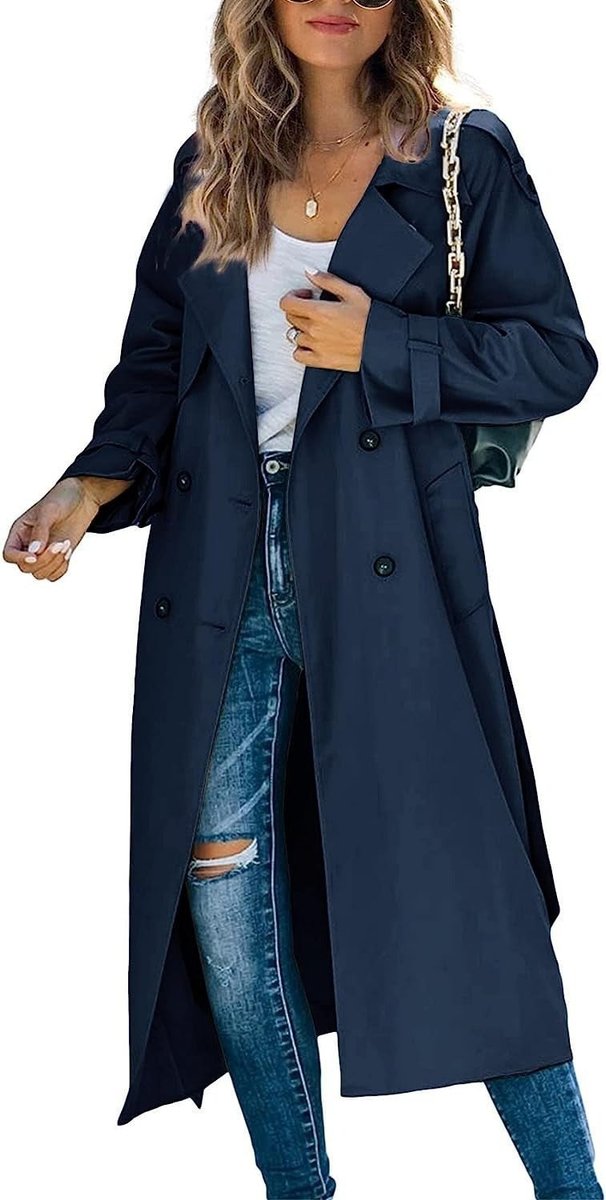 Dame Oversized Dobbeltknappet Trench Coat Bæltet Talje - Marineblå