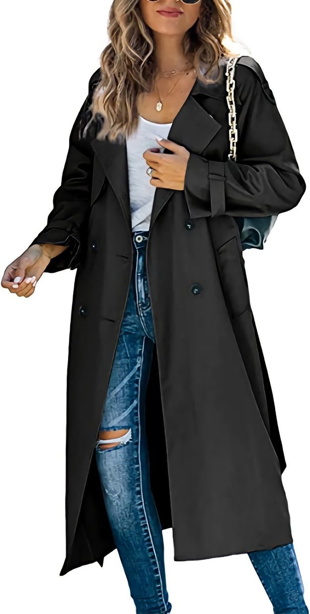 Dame Oversized Dobbeltknappet Trench Coat Bæltet Talje - Sort