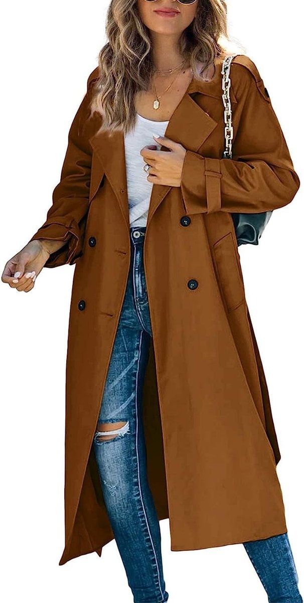 Dame Oversized Dobbeltknappet Trench Coat Bæltet Talje - Brun