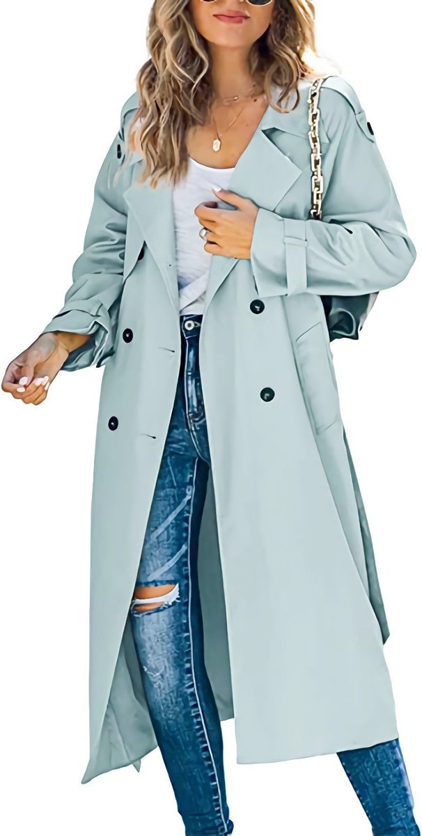Dame Oversized Dobbeltknappet Trench Coat Bæltet Talje - Lysegrøn