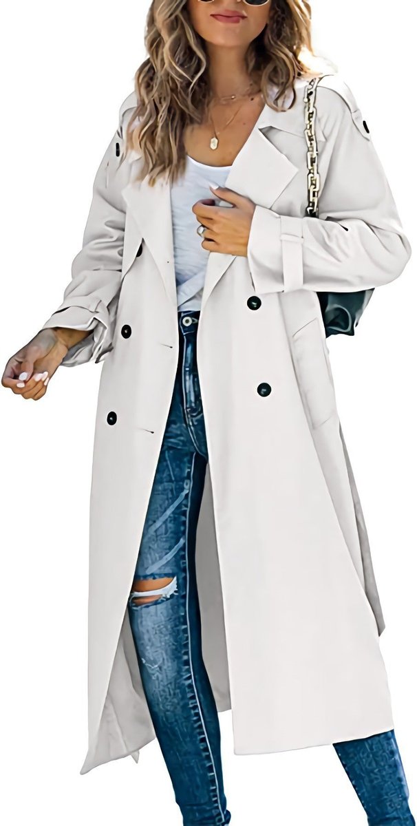 Dame Oversized Dobbeltknappet Trench Coat Bæltet Talje - Hvid
