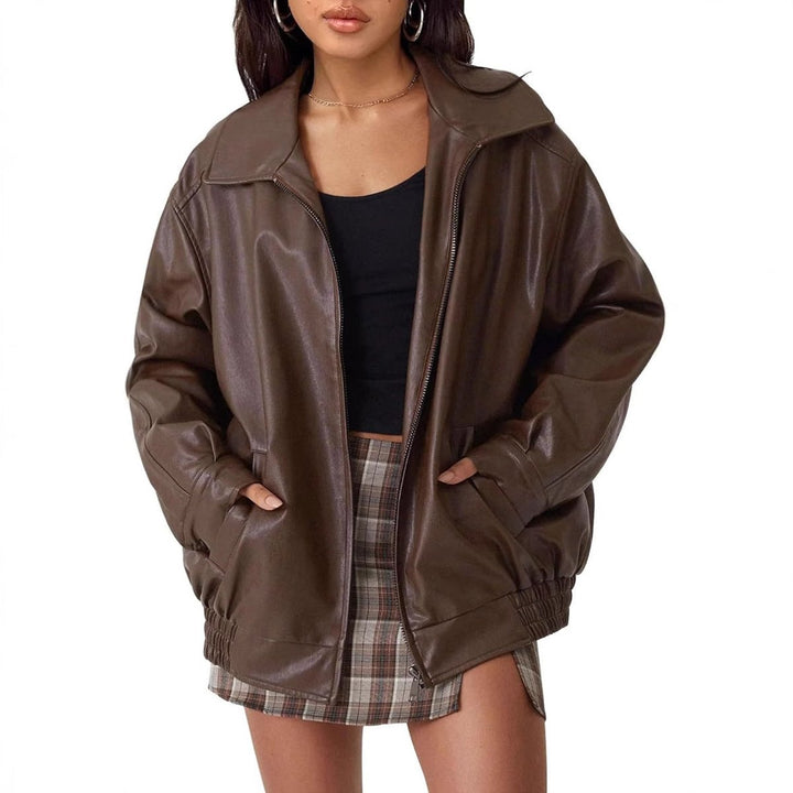 Dame Oversized Faux Leather Jacket Lynlås Bomber