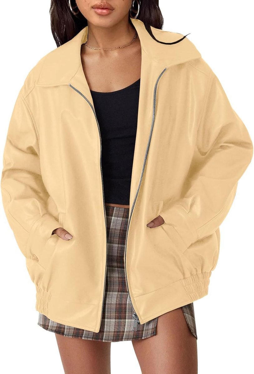 Dame Oversized Faux Leather Jacket Lynlås Bomber - Abrikosfarve