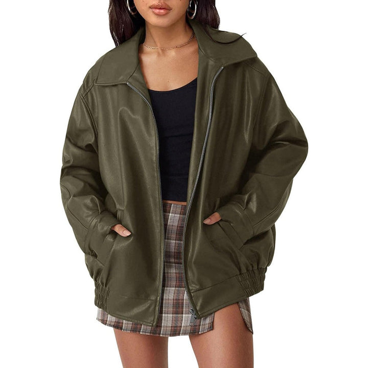 Dame Oversized Faux Leather Jacket Lynlås Bomber