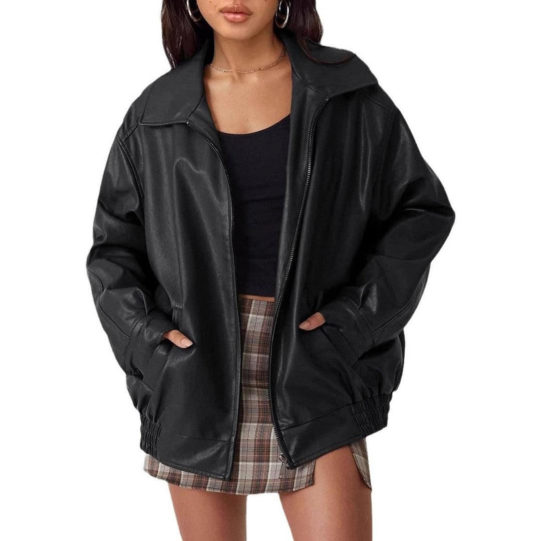 Dame Oversized Faux Leather Jacket Lynlås Bomber