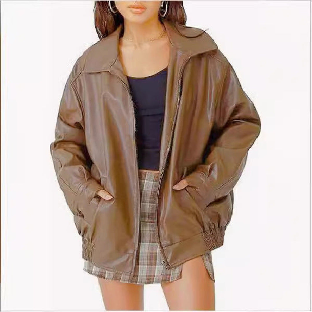 Dame Oversized Faux Leather Jacket Lynlås Bomber - Kamel