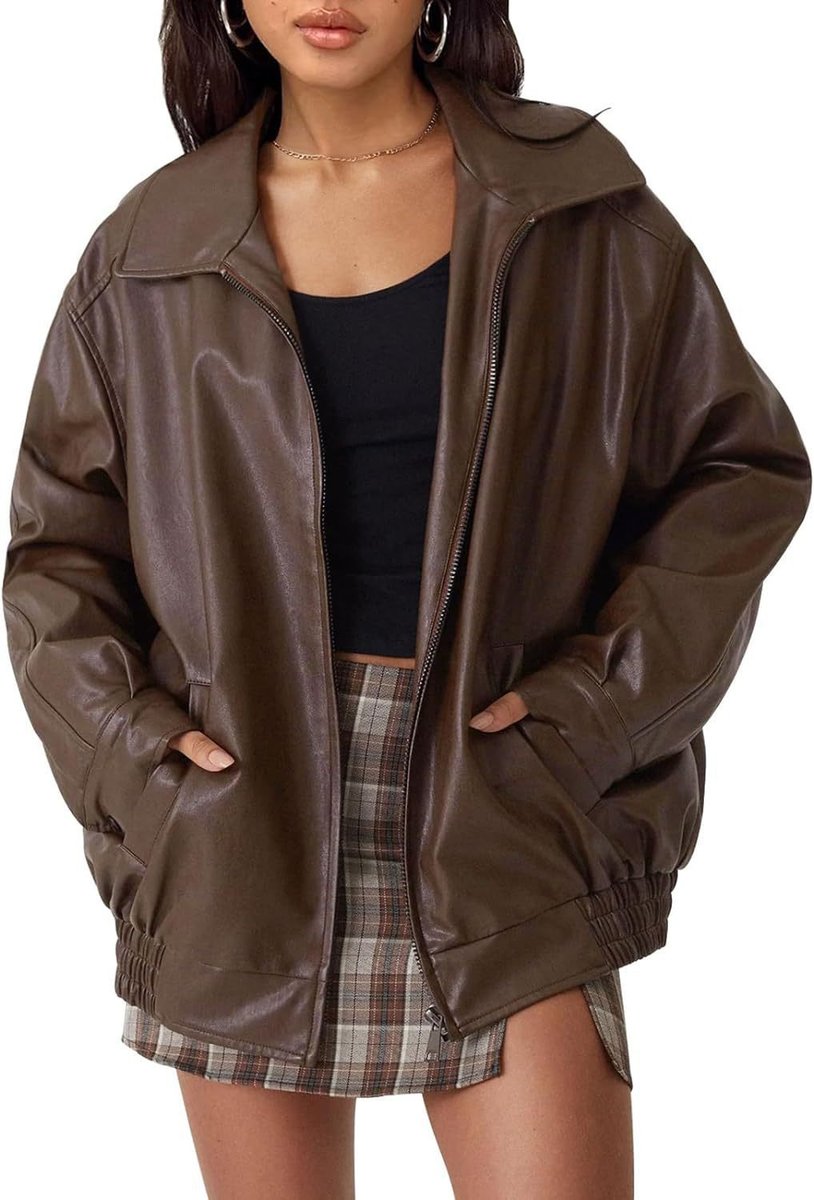 Dame Oversized Faux Leather Jacket Lynlås Bomber - Mørkebrun