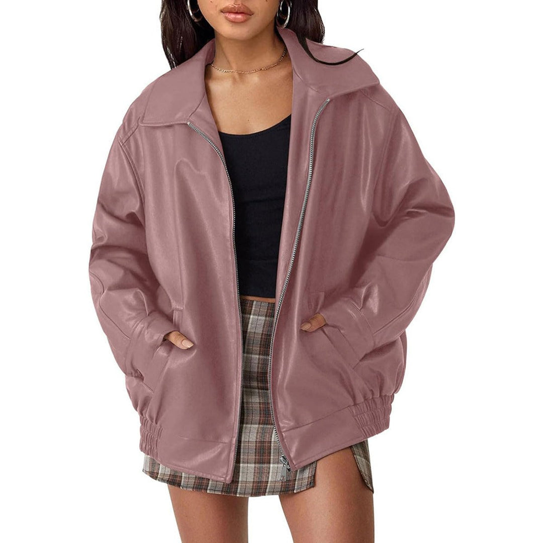 Dame Oversized Faux Leather Jacket Lynlås Bomber - Dyb Rosa