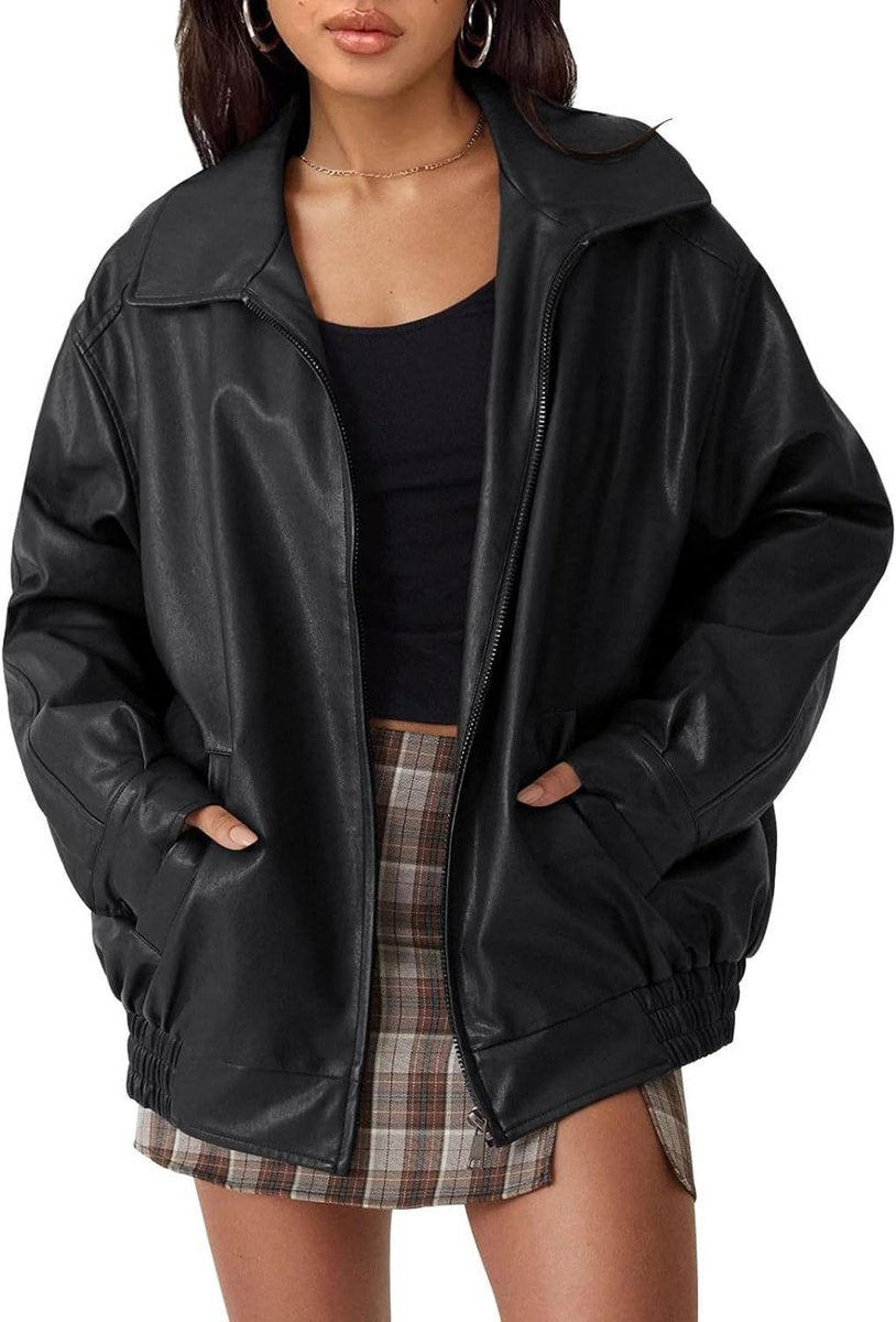 Dame Oversized Faux Leather Jacket Lynlås Bomber - Sort