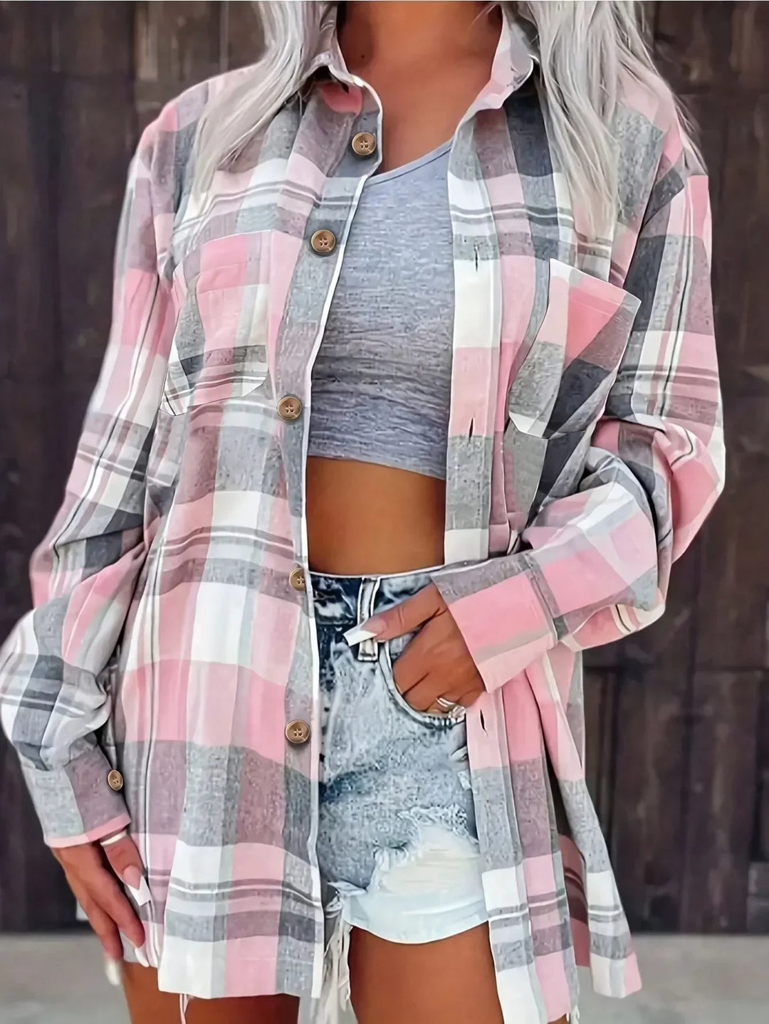 Dame Oversized Ternet Flannel Langærmet Skjorte - Pink
