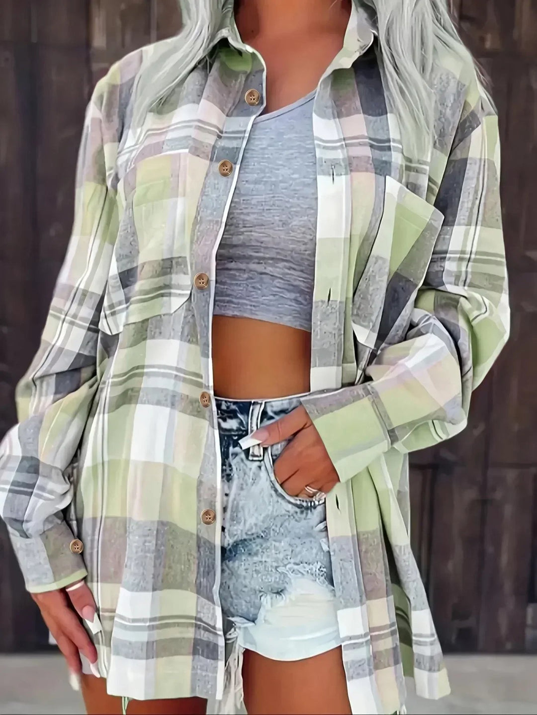 Dame Oversized Ternet Flannel Langærmet Skjorte - Green