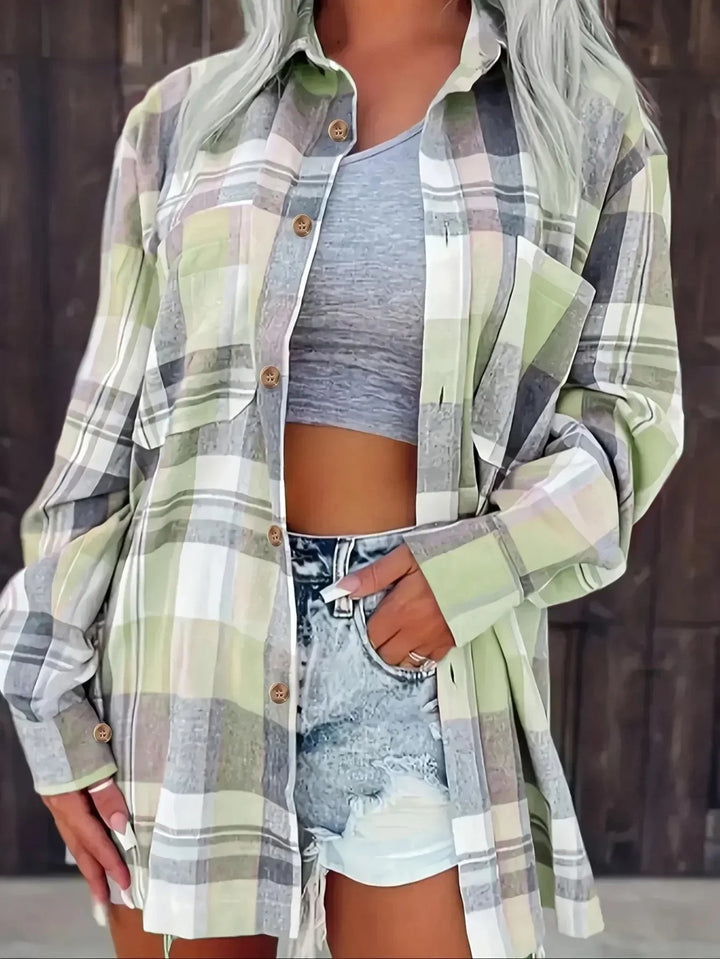 Dame Oversized Ternet Flannel Langærmet Skjorte - Green