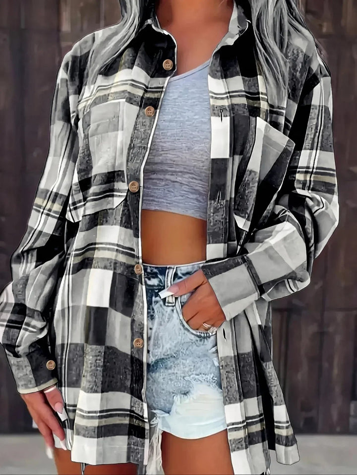 Dame Oversized Ternet Flannel Langærmet Skjorte - Black