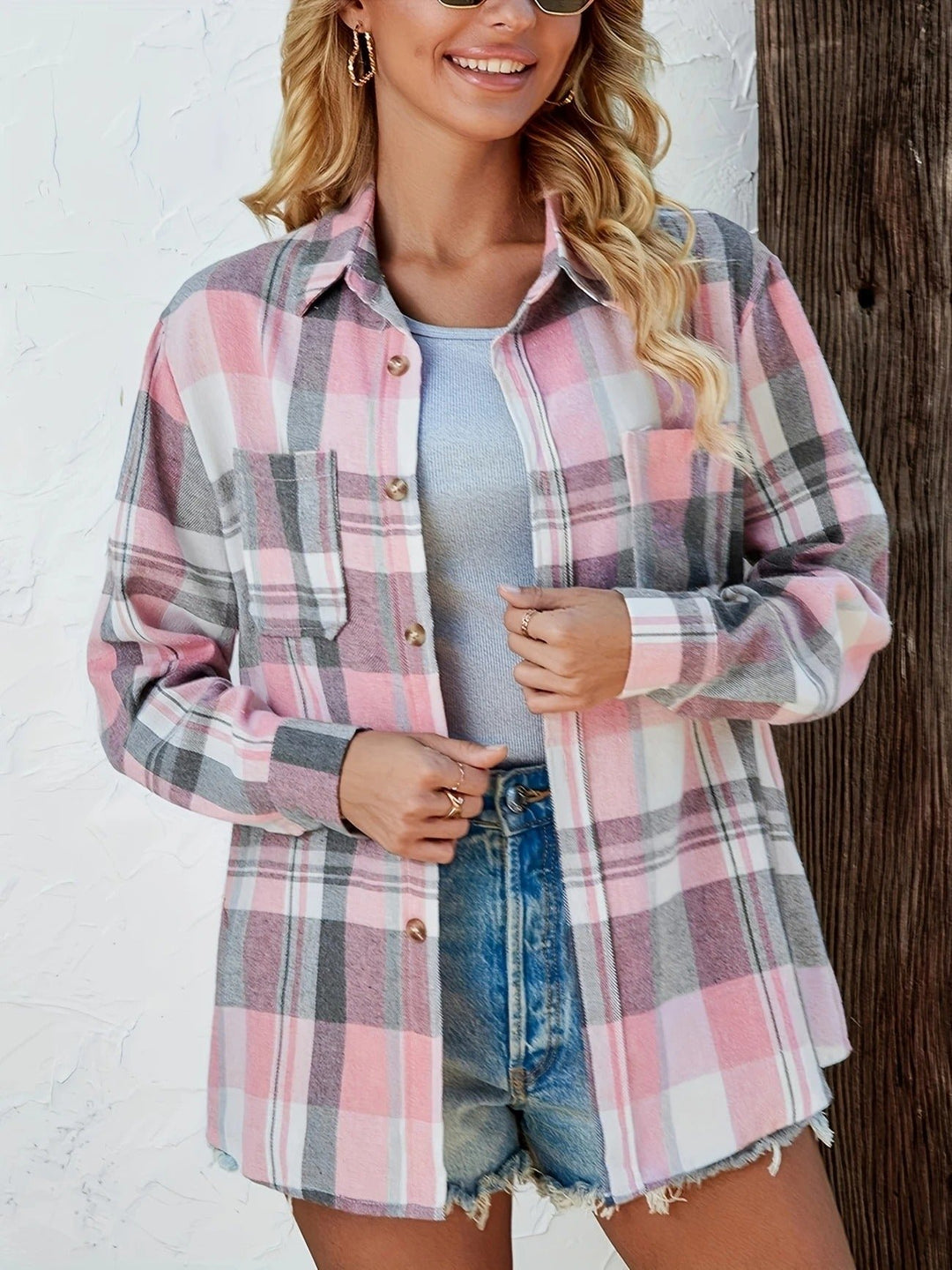 Dame Oversized Ternet Flannel Langærmet Skjorte