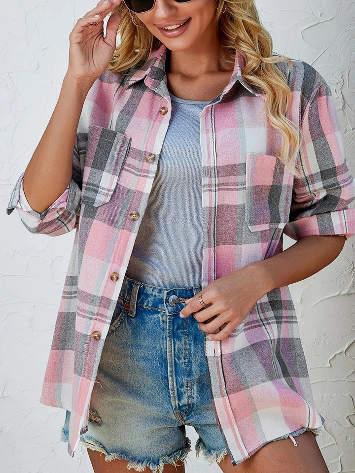 Dame Oversized Ternet Flannel Langærmet Skjorte