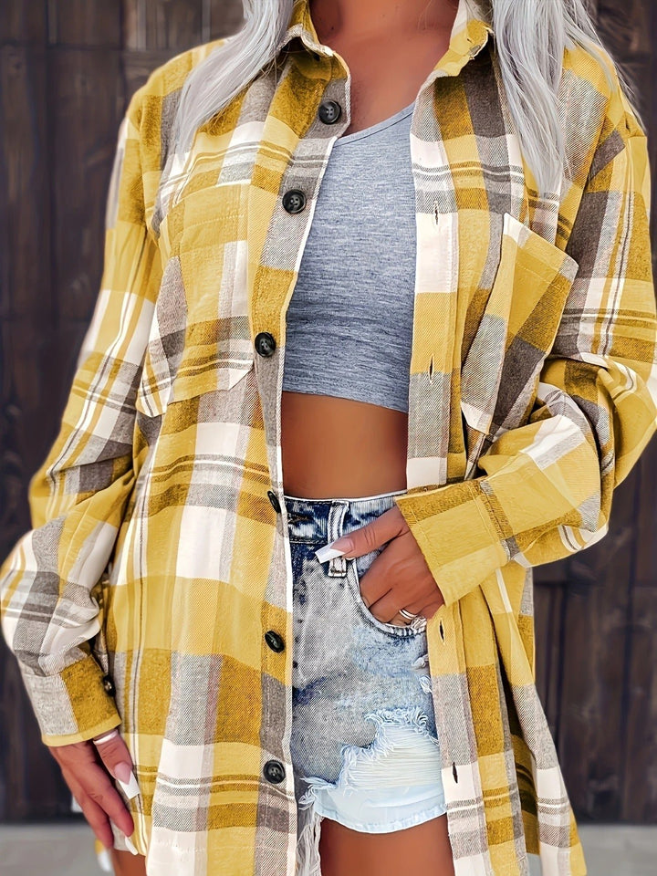 Dame Oversized Ternet Flannel Langærmet Skjorte - Yellow