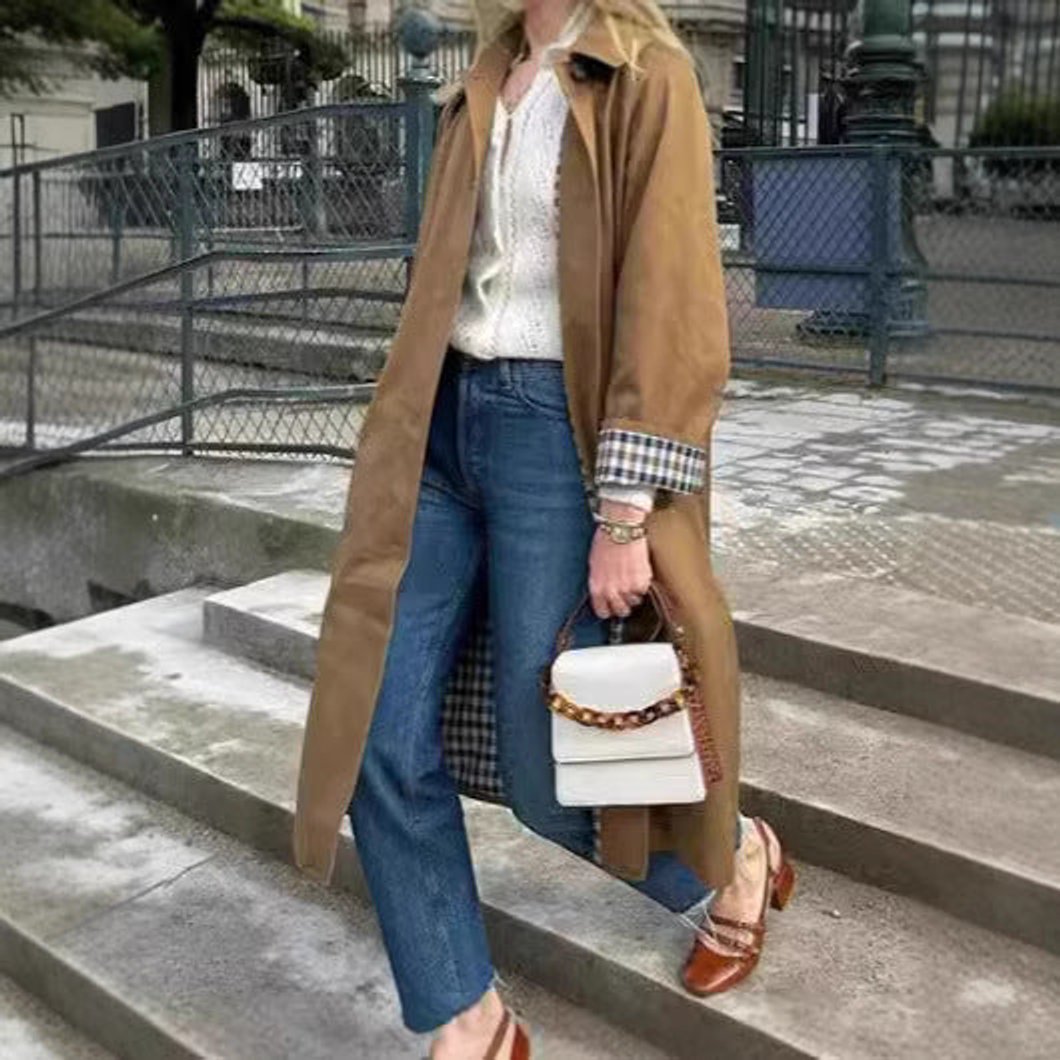 Dame Oversized Ternet Trench Coat Bomuldsmiks Langærmet