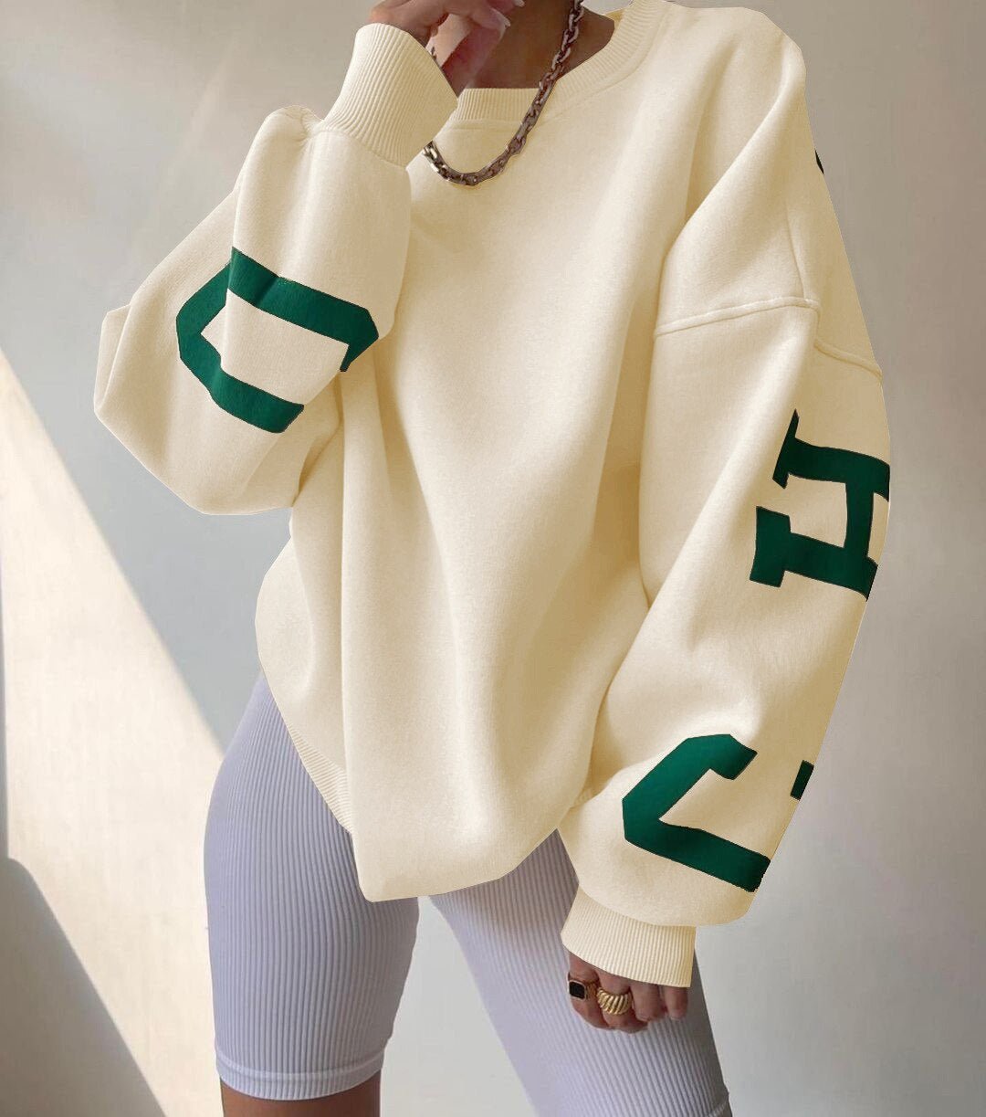 Dame Oversized Varsity-Print Crewneck Sweatshirt - Cream