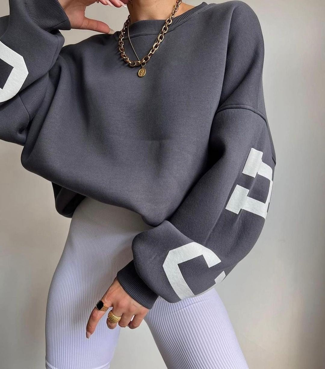 Dame Oversized Varsity-Print Crewneck Sweatshirt - Grey