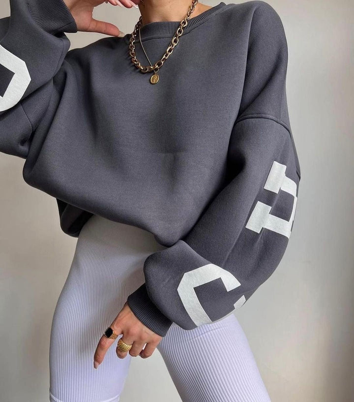 Dame Oversized Varsity-Print Crewneck Sweatshirt - Grey