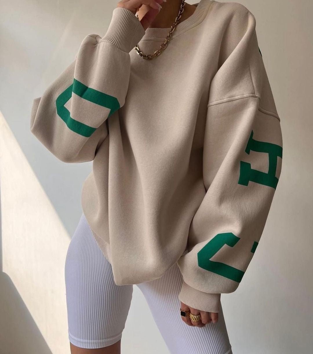 Dame Oversized Varsity-Print Crewneck Sweatshirt - Khaki