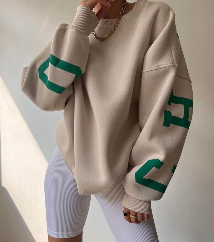 Dame Oversized Varsity-Print Crewneck Sweatshirt - Khaki