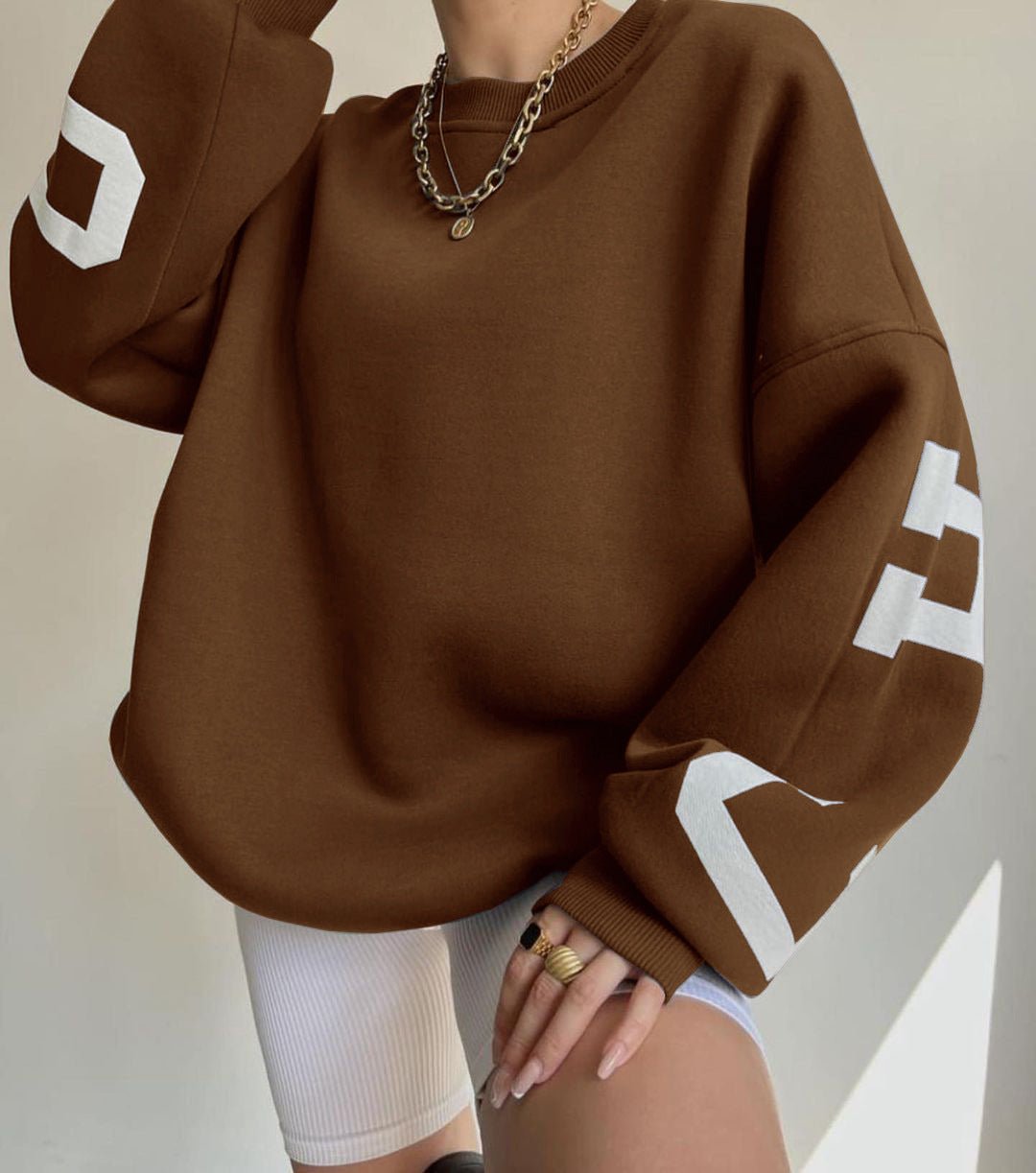 Dame Oversized Varsity-Print Crewneck Sweatshirt - Brown