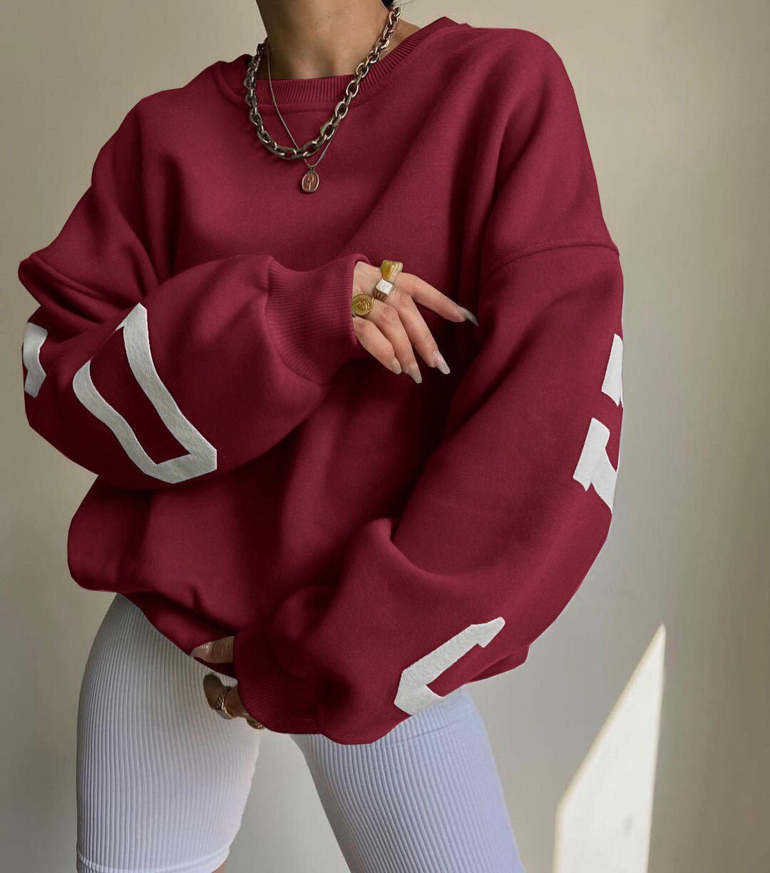 Dame Oversized Varsity-Print Crewneck Sweatshirt - Burgundy