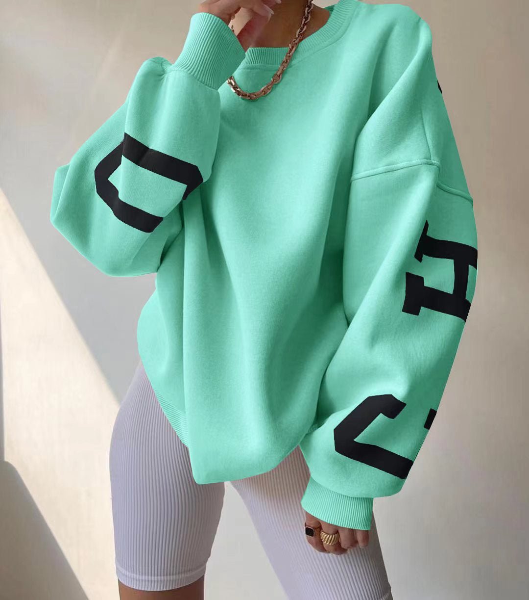 Dame Oversized Varsity-Print Crewneck Sweatshirt - Mint Green