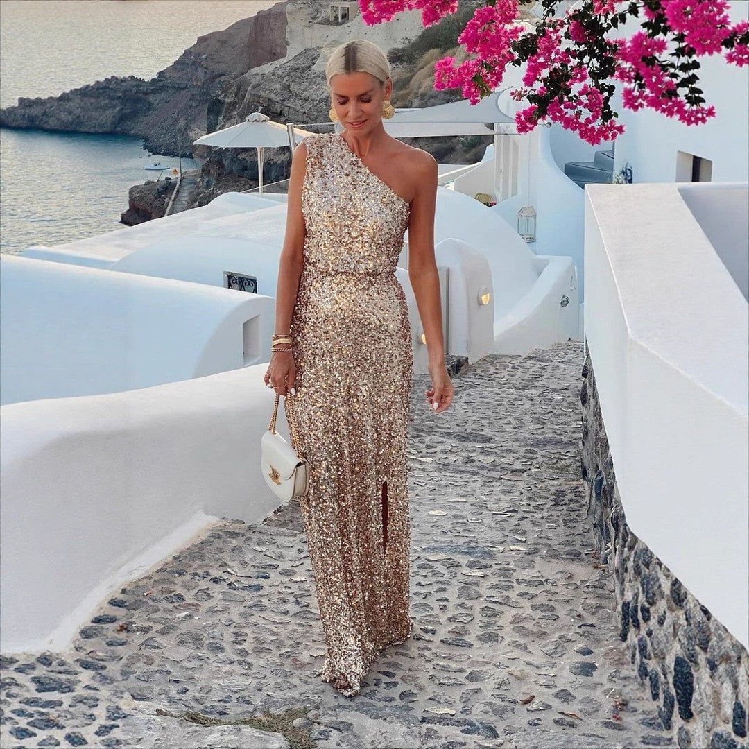 Dame Pailletkjole Asymmetrisk One-Shoulder Cocktail Dress Side-Slids