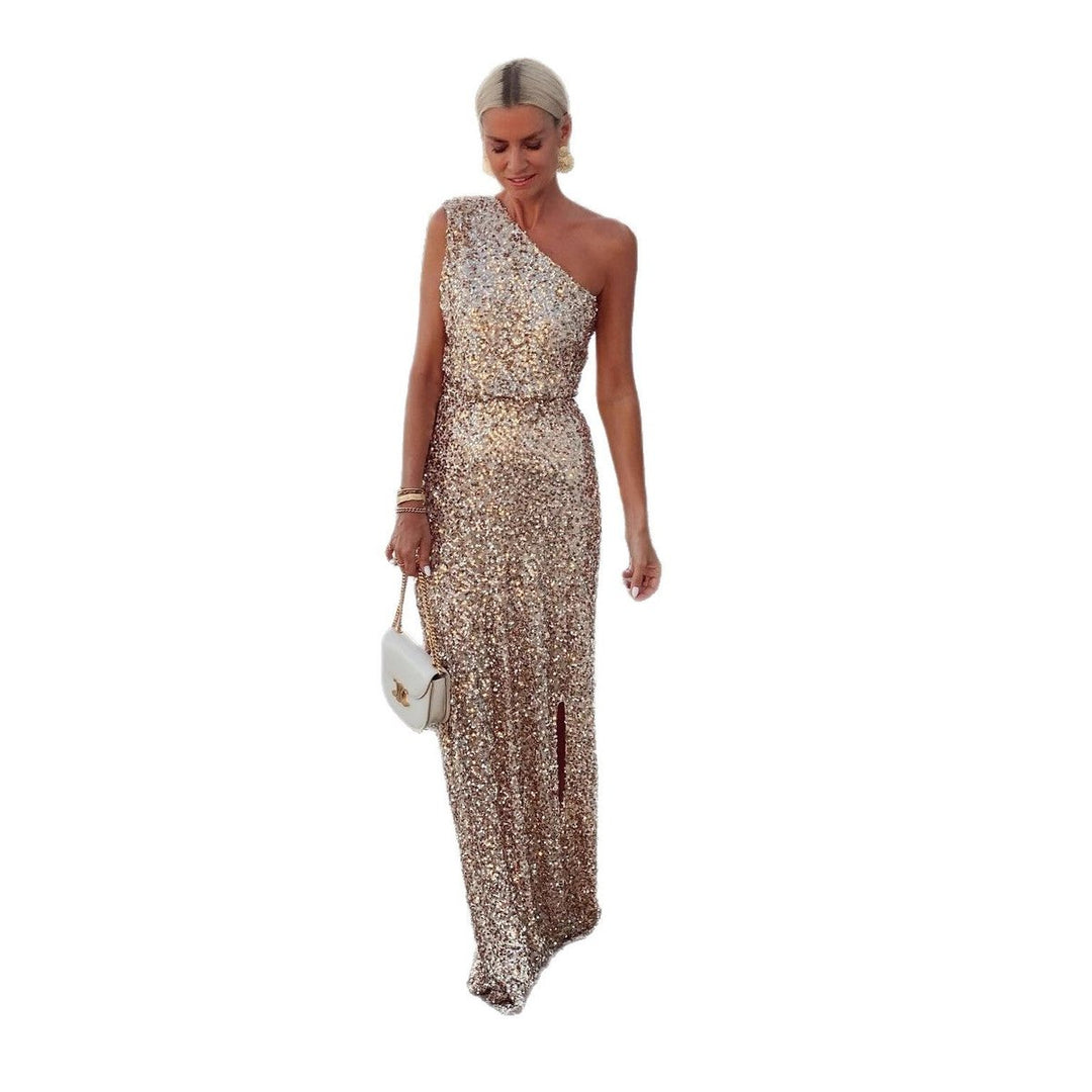 Dame Pailletkjole Asymmetrisk One-Shoulder Cocktail Dress Side-Slids