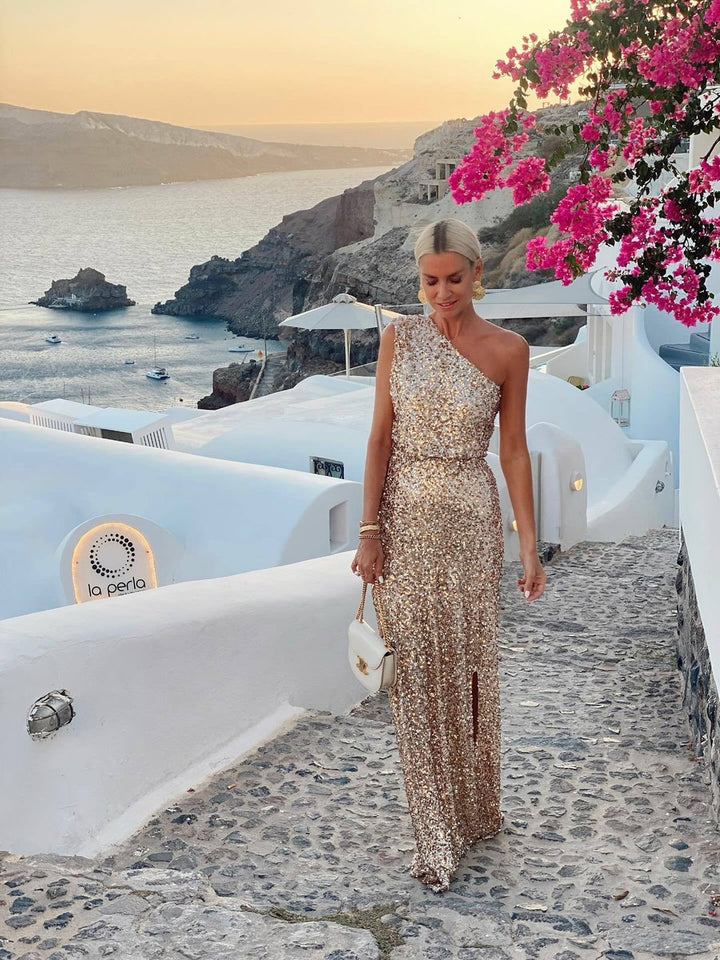 Dame Pailletkjole Asymmetrisk One-Shoulder Cocktail Dress Side-Slids - Champagne