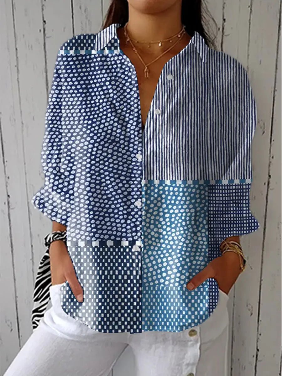 Dame Patchwork Bluse med Stribet og Prikket Mønster - Multicolor