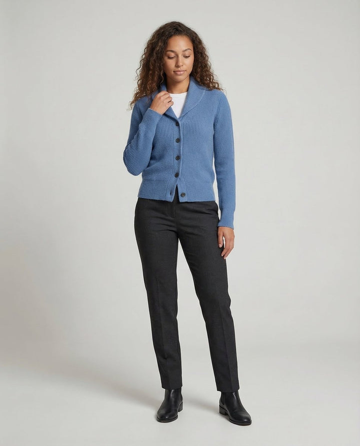 Dame Ribstrikket Cardigan med Revers og Knaplukning