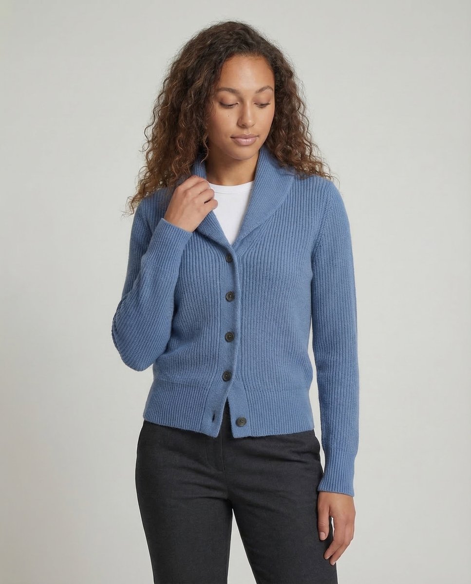 Dame Ribstrikket Cardigan med Revers og Knaplukning
