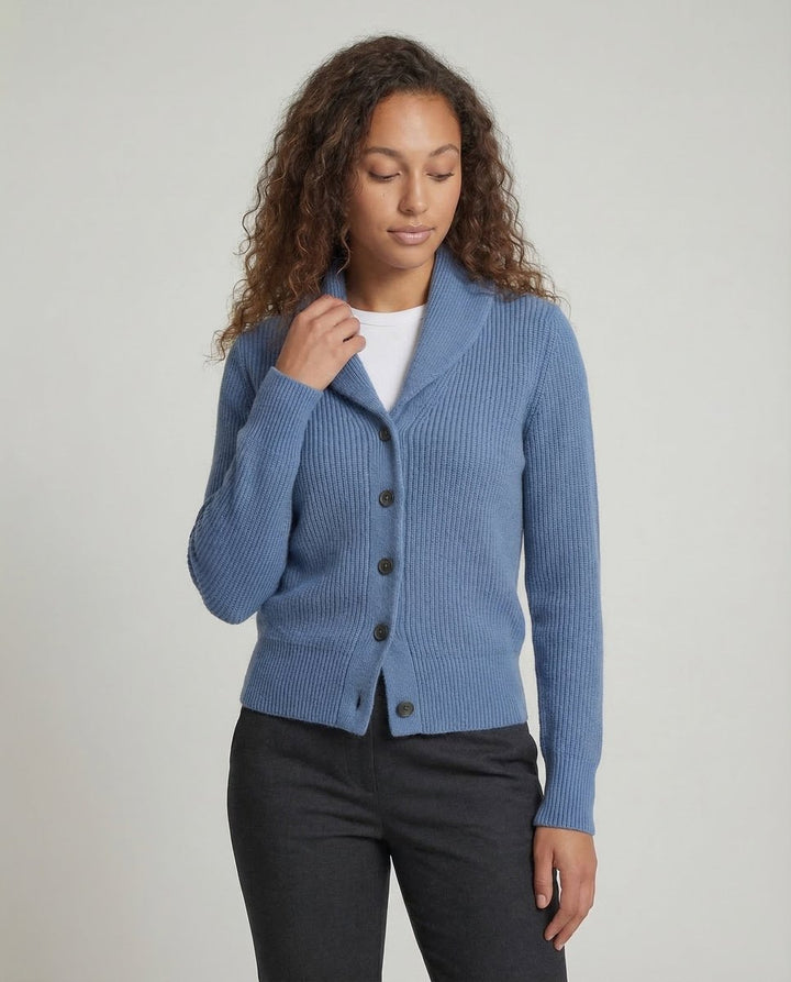 Dame Ribstrikket Cardigan med Revers og Knaplukning
