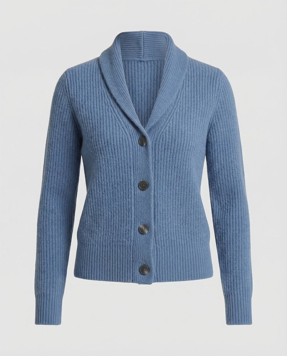 Dame Ribstrikket Cardigan med Revers og Knaplukning - Lyseblå