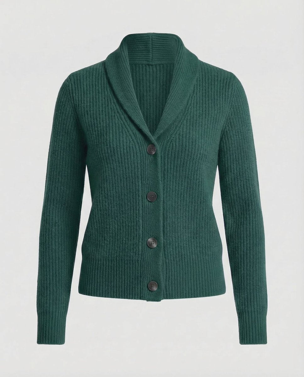Dame Ribstrikket Cardigan med Revers og Knaplukning - Mørkegrøn