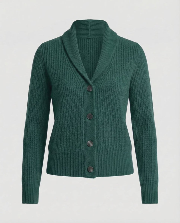 Dame Ribstrikket Cardigan med Revers og Knaplukning - Mørkegrøn