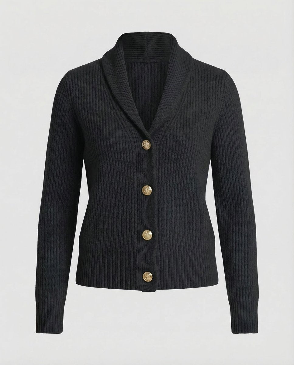 Dame Ribstrikket Cardigan med Revers og Knaplukning - Sort