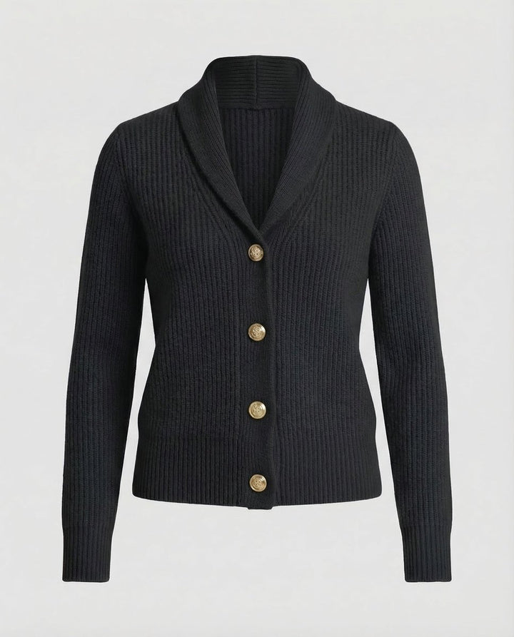 Dame Ribstrikket Cardigan med Revers og Knaplukning - Sort