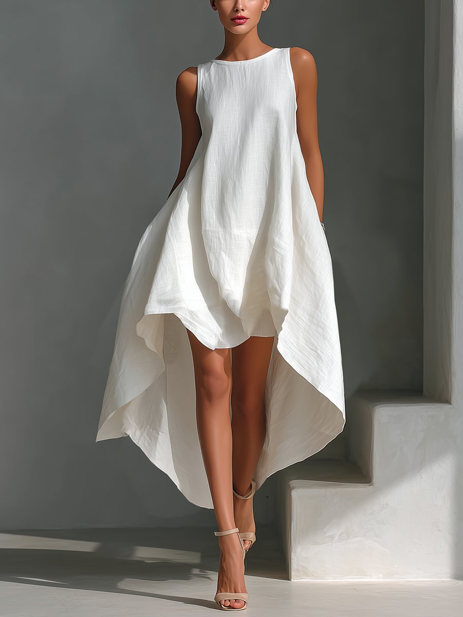 Dame Ærmeløs Asymmetrisk Linned Midi Kjole Rund Hals - White