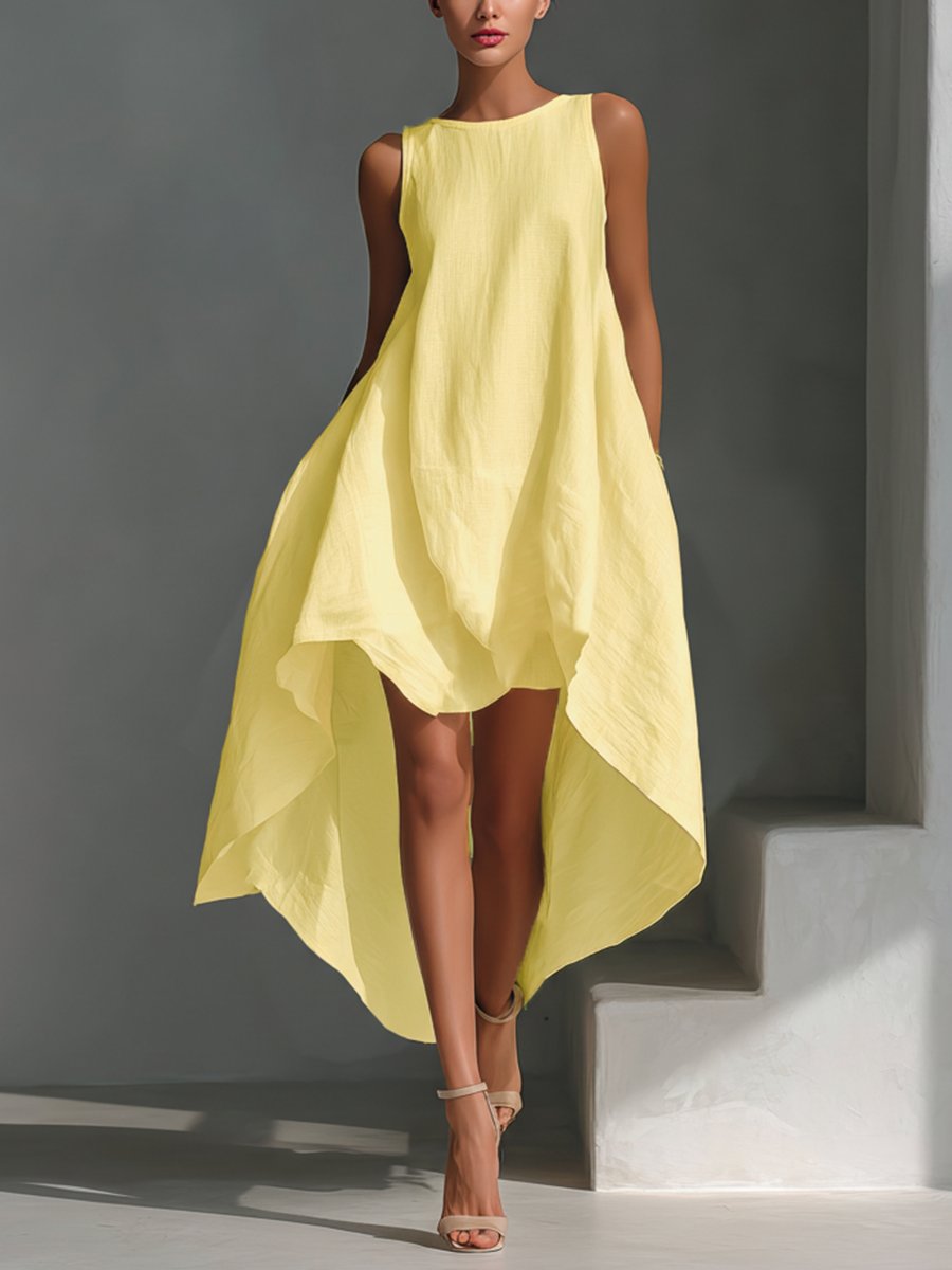 Dame Ærmeløs Asymmetrisk Linned Midi Kjole Rund Hals - Warm yellow